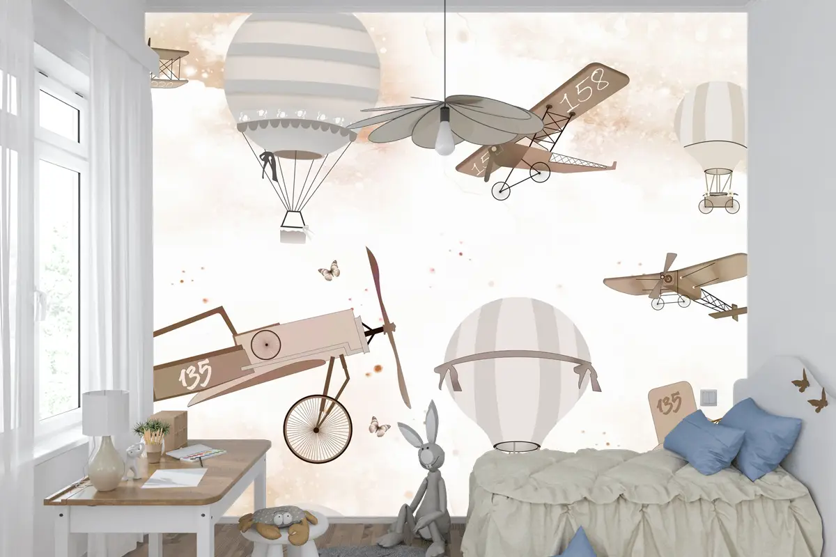 Sepya Uçaklar ve Sıcak Hava Balonları Temalı Çocuk Odası Duvar Kağıdı