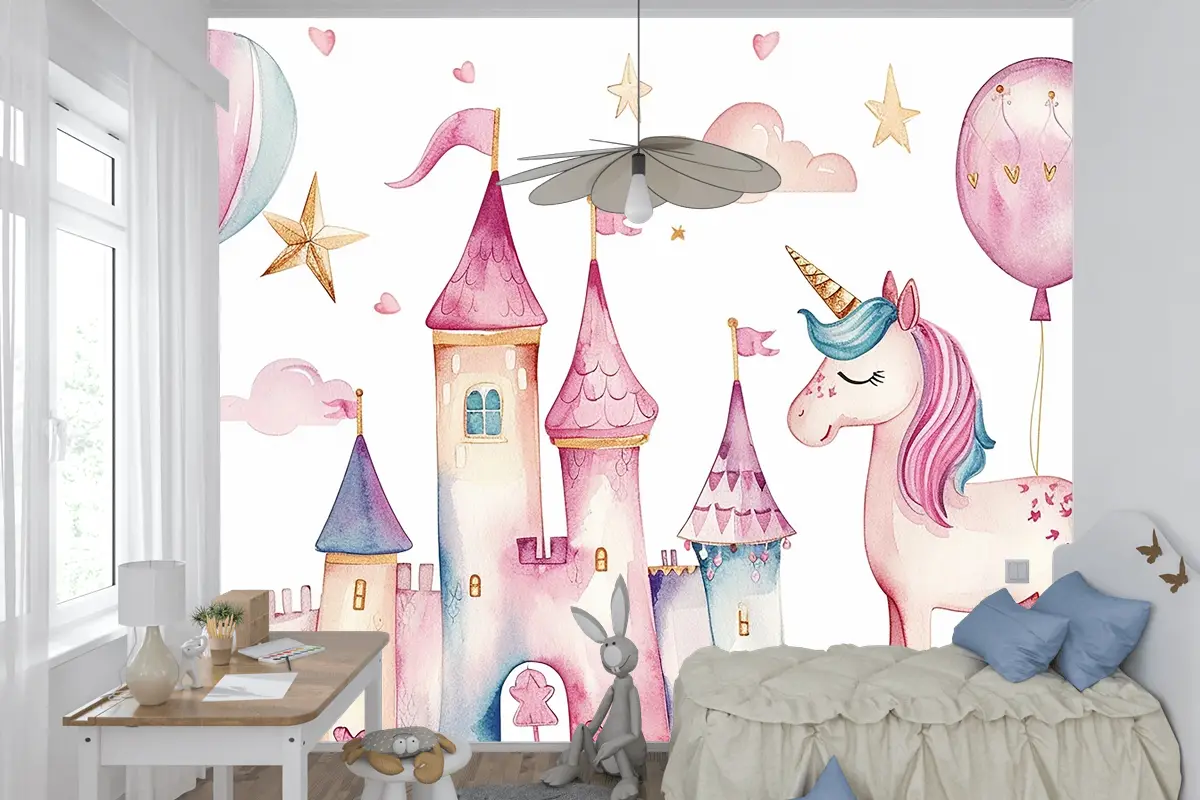 Çocuklar İçin Sevimli Suluboya Krallık Tek Boynuzlu At Ve Kale Seti Doğum Günü Partisi Çocuk Odası Duvar Kağıdı