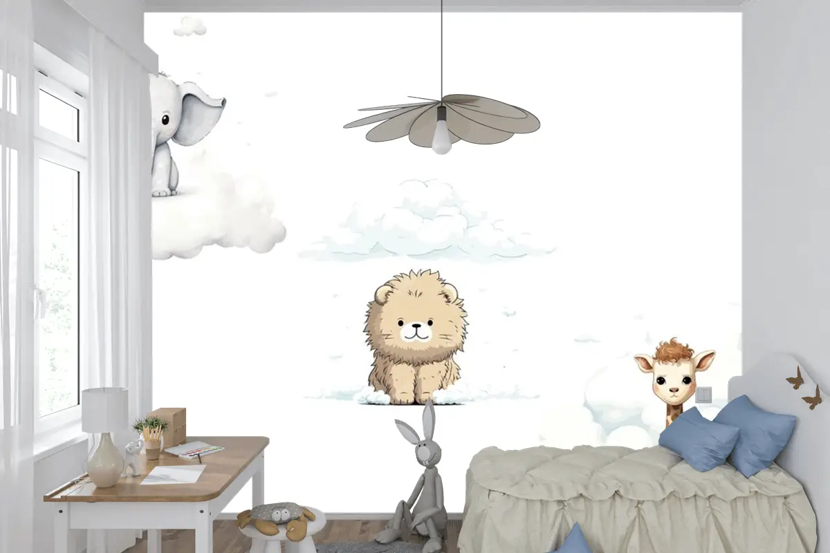 Sute Bebek Komik Hayvanlar Fil Zürafa Aslan Çocuk Odası Duvar Kağıdı Seti