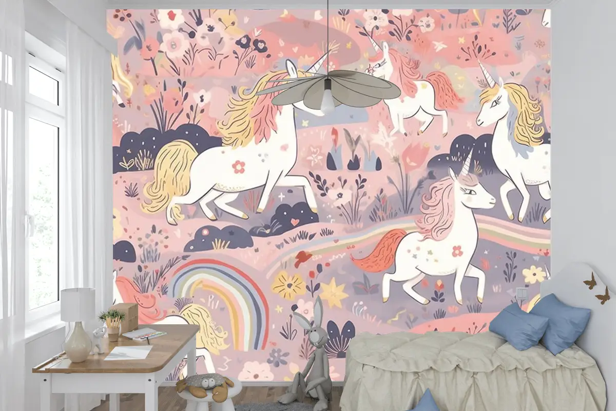 Sevimli Boynuzlu Atlar Çocuk Odası Duvar Kağıdı
