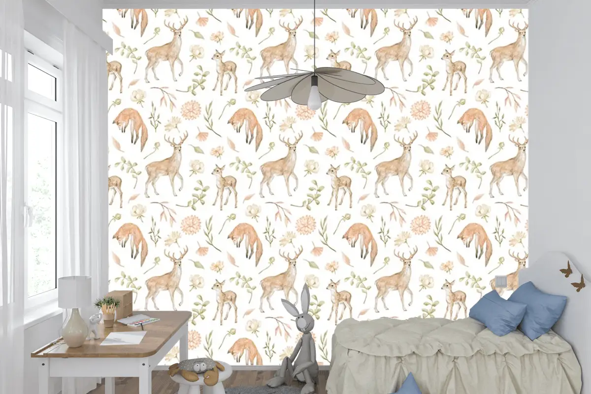 Sevimli Geyikler Ve Yapraklar Çocuk Odası Duvar Kağıdı