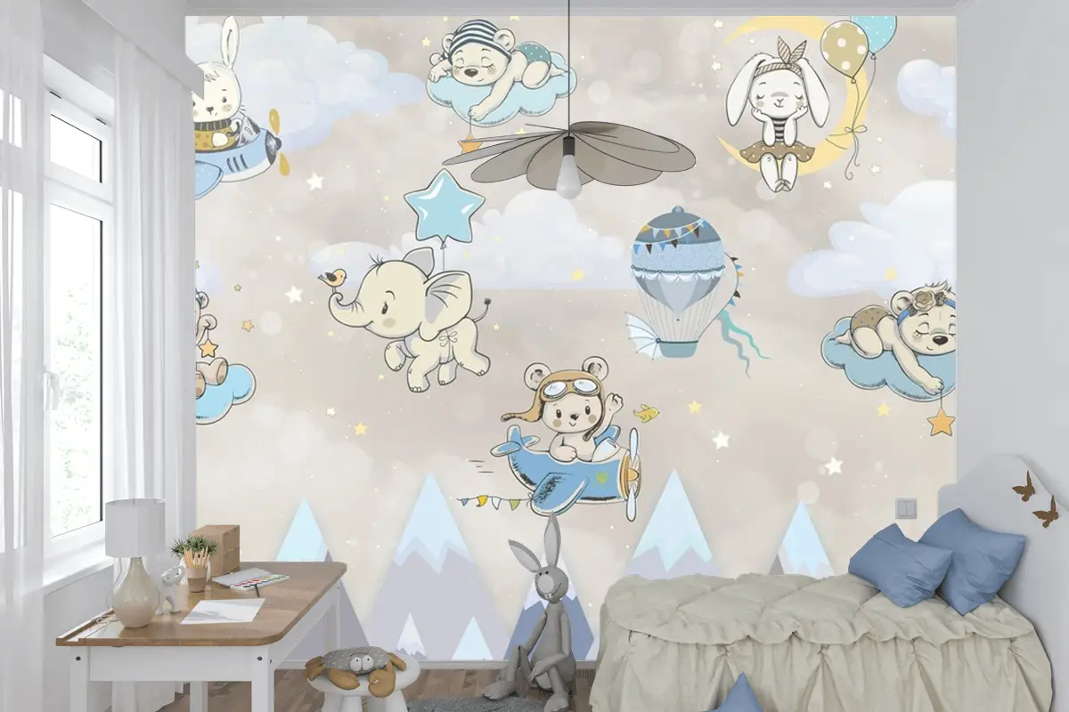 Sevimli Hayvanlar Bulutlar Dağlar Çocuk Bebek Odası Duvar Kağıdı