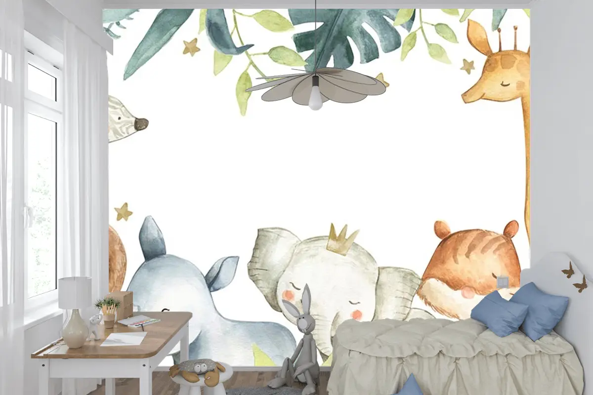 Sevimli Hayvanlar Tropikal Yapraklar Çocuk Odası Duvar Kağıdı