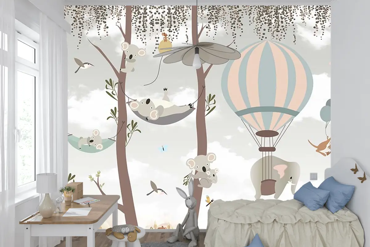 Sevimli Koalalar Ve Uçan Balonlar Çocuk Odası Duvar Kağıdı