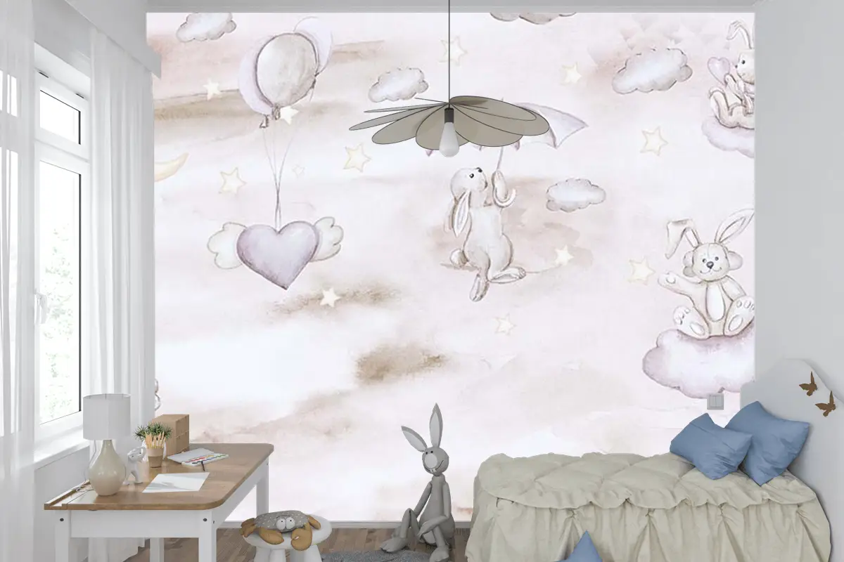 Sevimli Tavşanlar Bulutların Üzerinde Çocuk Odası Duvar Kağıdı