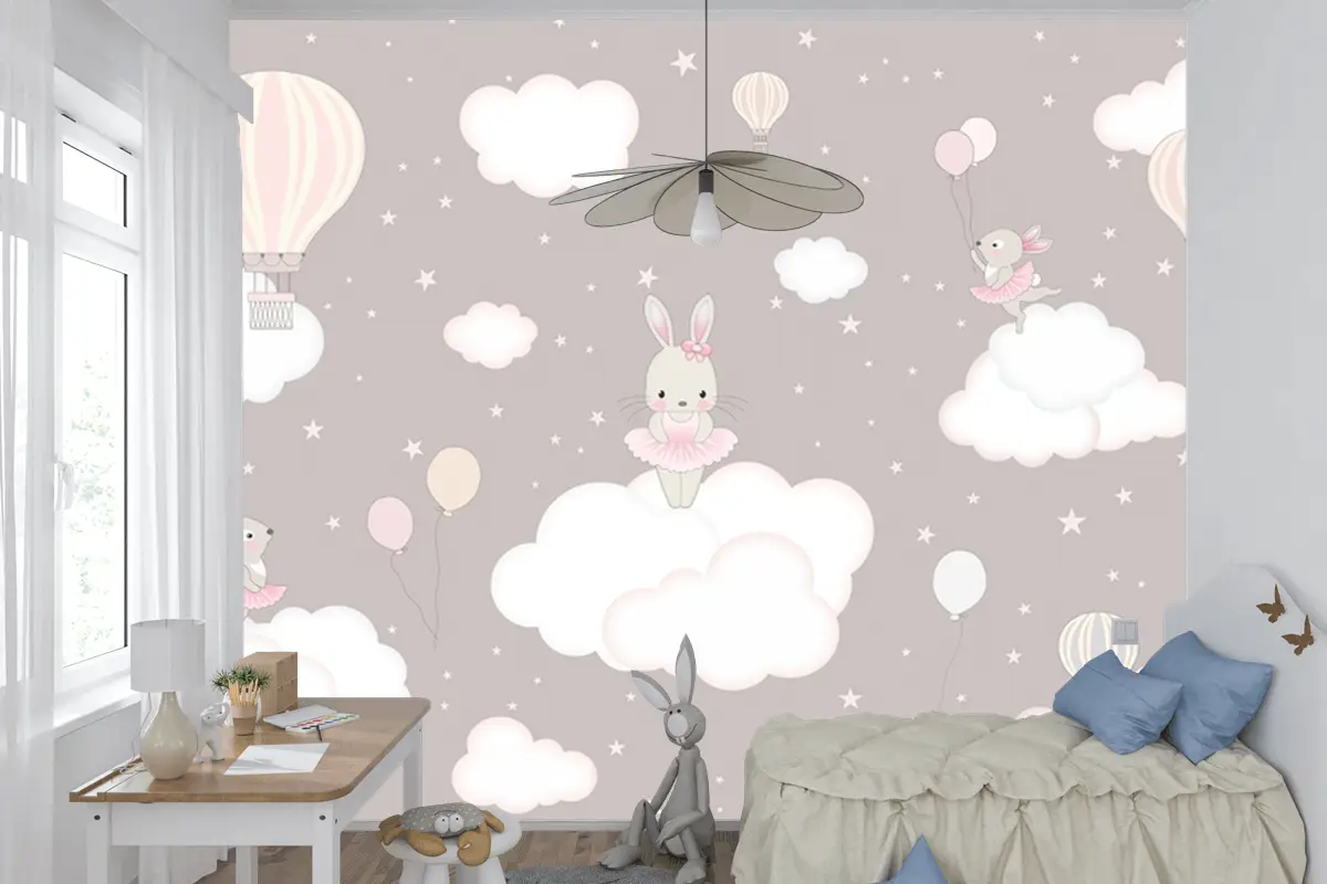 Sevimli Tavşanlar Ve Bulutlar Çocuk Odası Duvar Kağıdı