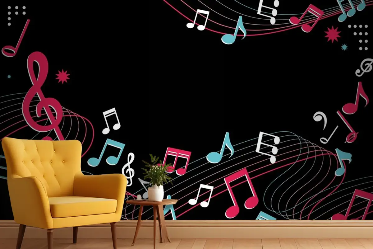 Siyah Arka Plan Mavi Pembe Notalar Müzik Duvar Kağıdı