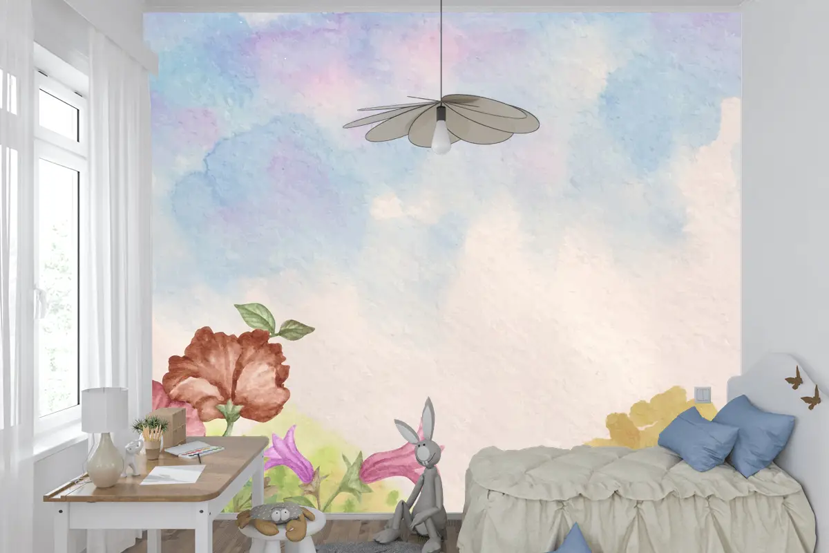 Gökyüzü Görünümü Suluboya Manzara Arka Plan Çiçekli Çocuk Odası Duvar Kağıdı