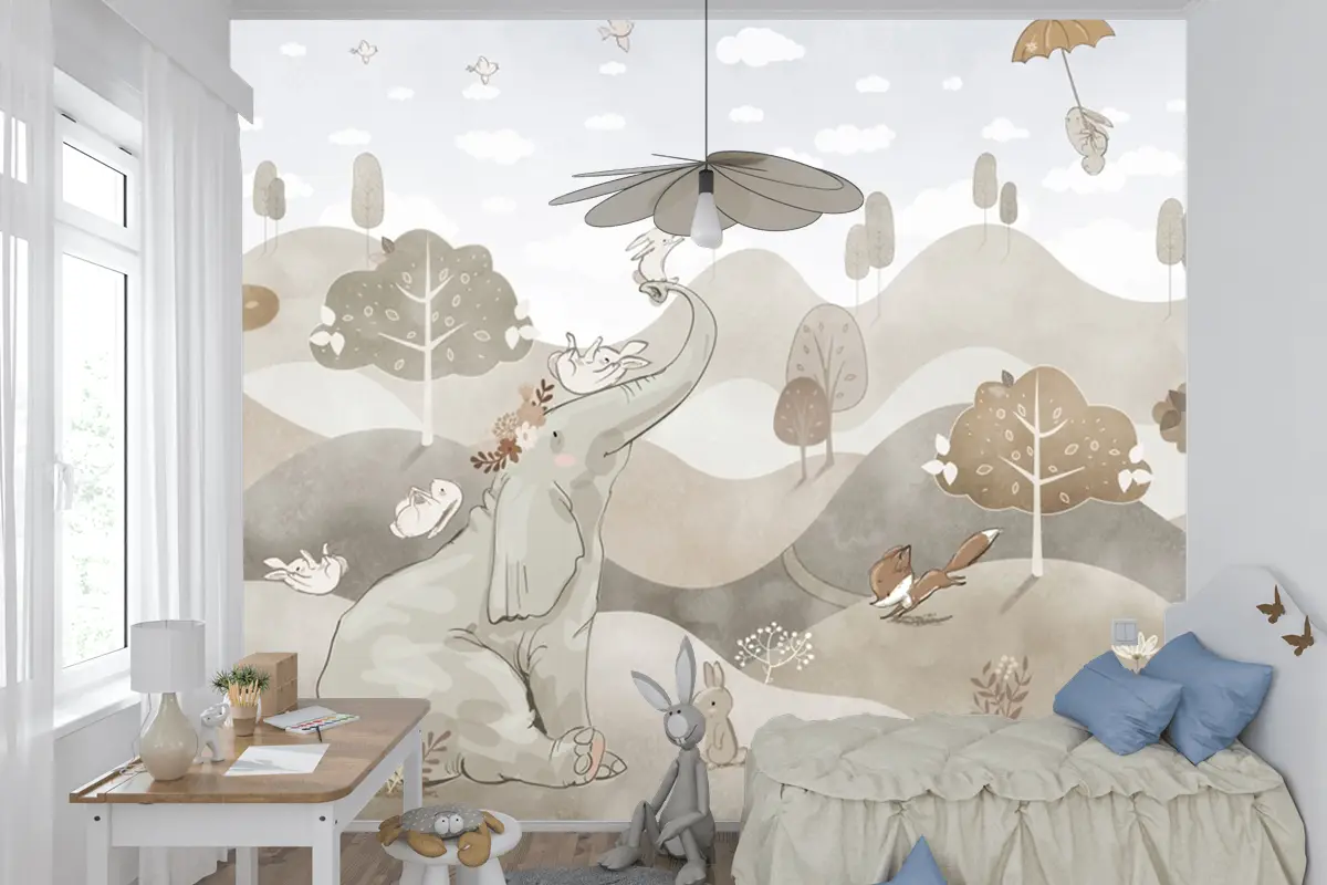 Soluk Renkler Fil Tavşan Suluboya Çocuk Duvar Kağıdı Soluk Renkler Fil Tavşan Suluboya Çocuk Duvar Kağıdı