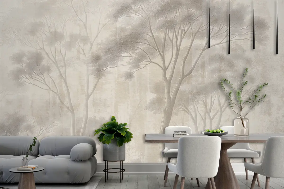 Soyut Elle Çizilmiş Nostaljik Orman Manzarası Sanat Duvar Kağıdı