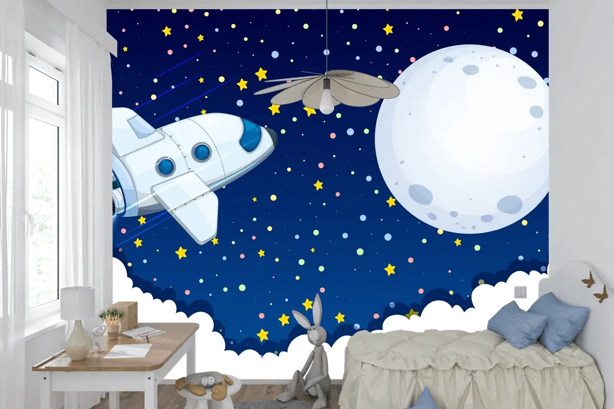 Aya Uçan Uzay Gemisi Çocuk Odası Duvar Kağıdı