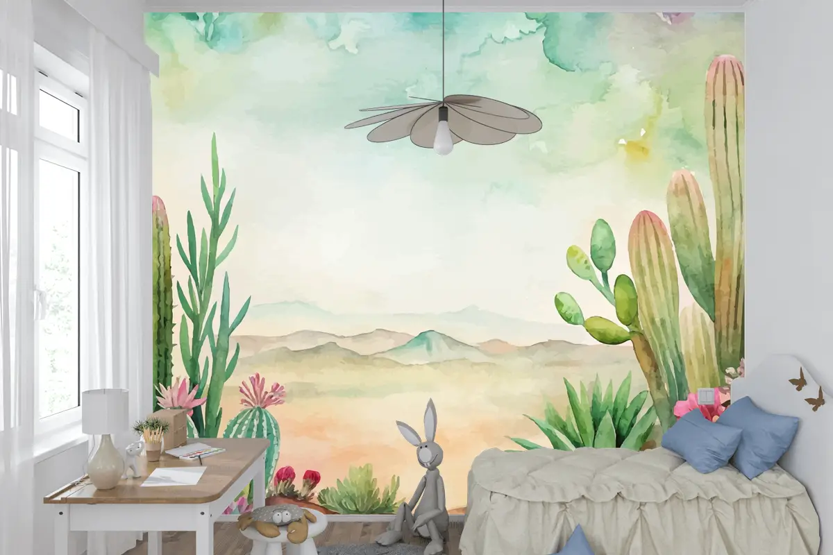 Etli Ve Kaktüs Suluboya Arka Plan Çocuk Odası Duvar Kağıdı