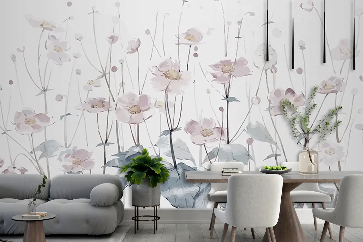 Sulu Boya Soft Renk Çiçekler Duvar Kağıdı