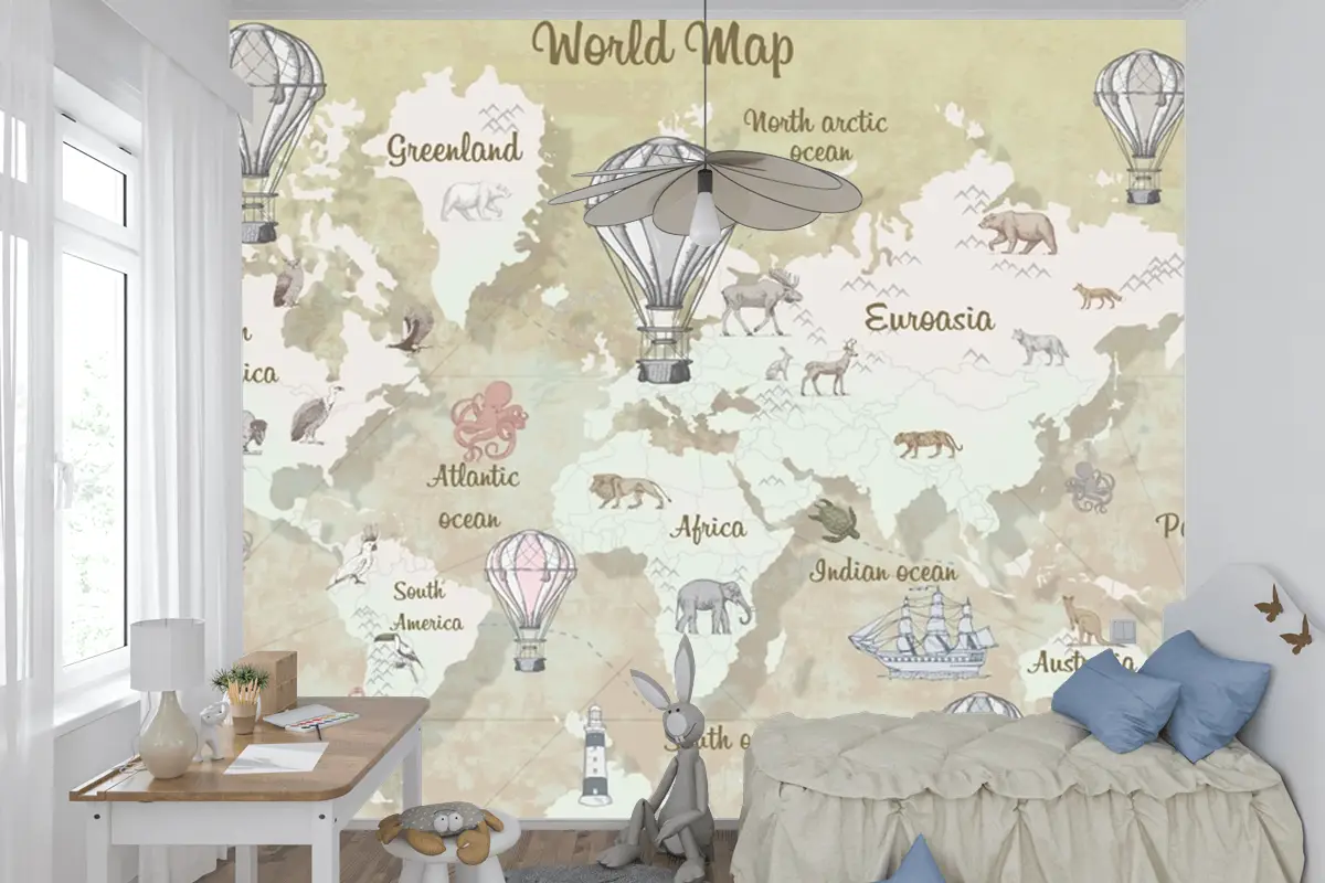 Suluboya Eğitici Dünya Haritası Çocuk Duvar Kağıdı
