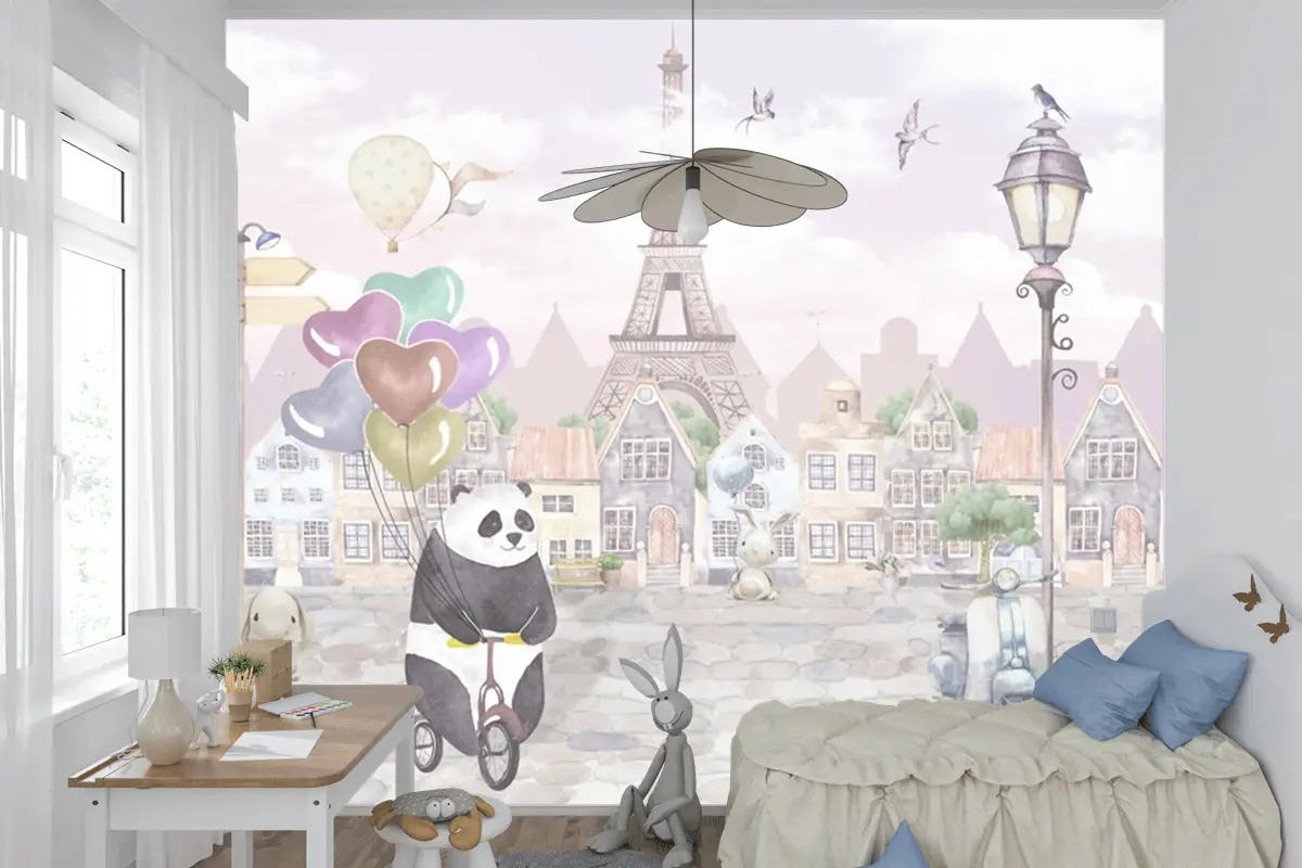 Suluboya Paris Sokağı Eski Şehir Bisikletli Panda Çocuk Bebek Odası Duvar Kağıdı Suluboya Paris Sokağı Eski Şehir Bisikletli Panda Çocuk Bebek Odası Duvar Kağıdı