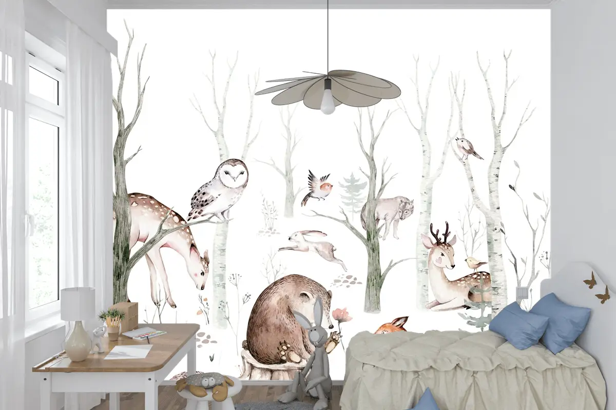 Tilki Geyik Ayı ve Orman Hayvanları Çocuk Odası Duvar Kağıdı
