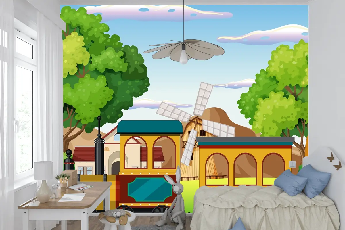 Doğal Sahneli Tren Çocuk Odası Duvar Kağıdı