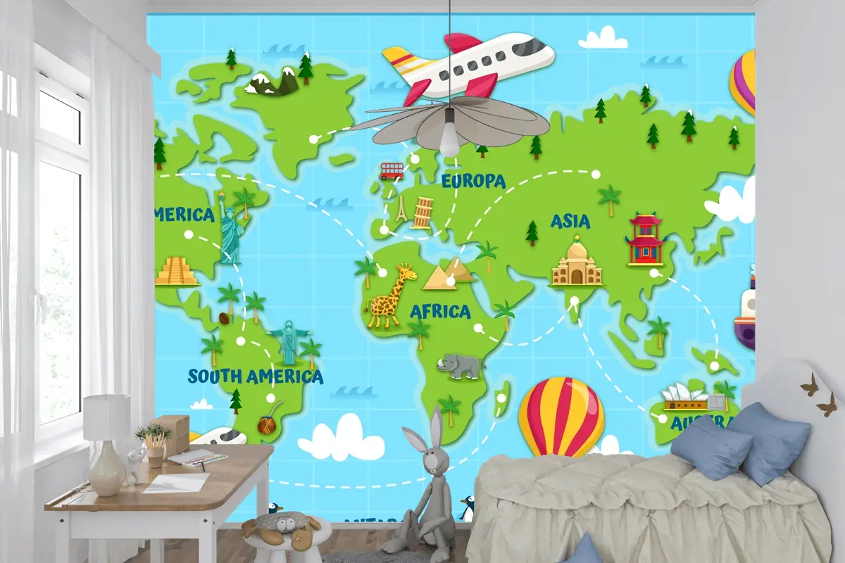 Dünyayı Seyahat Dünya Haritası Çocuk Odası Duvar Kağıdı 
