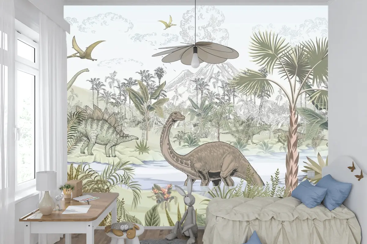 Tropikal Dinozor Çocuk Odası Duvar Kağıdı