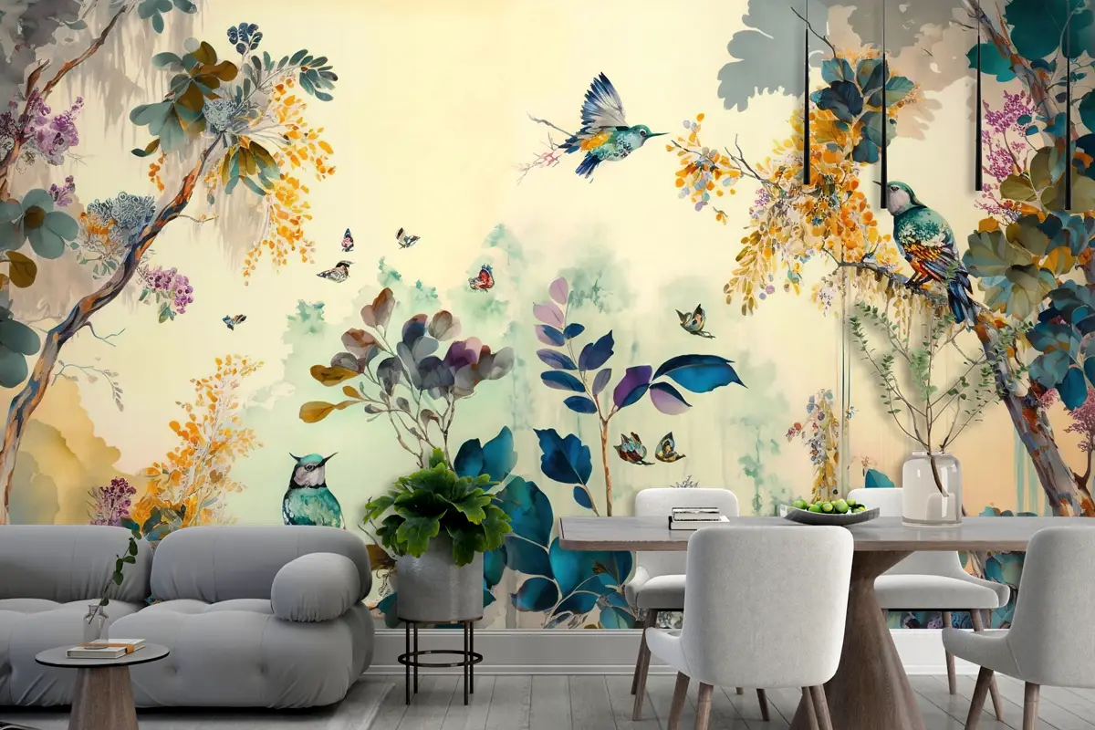 Tropikal Kuşlar Sarı Temalı Duvar Kağıdı