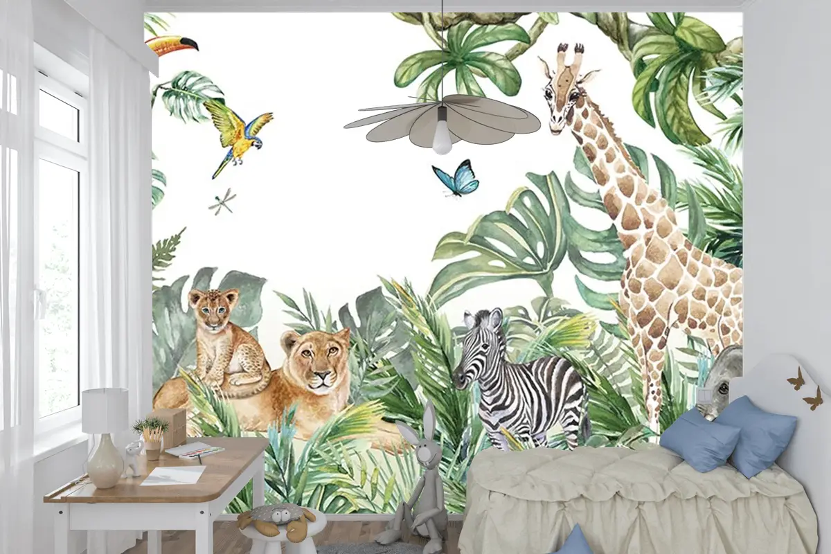Tropikal Safari Hayvanlari Çocuk Odası Duvar Kağıdı