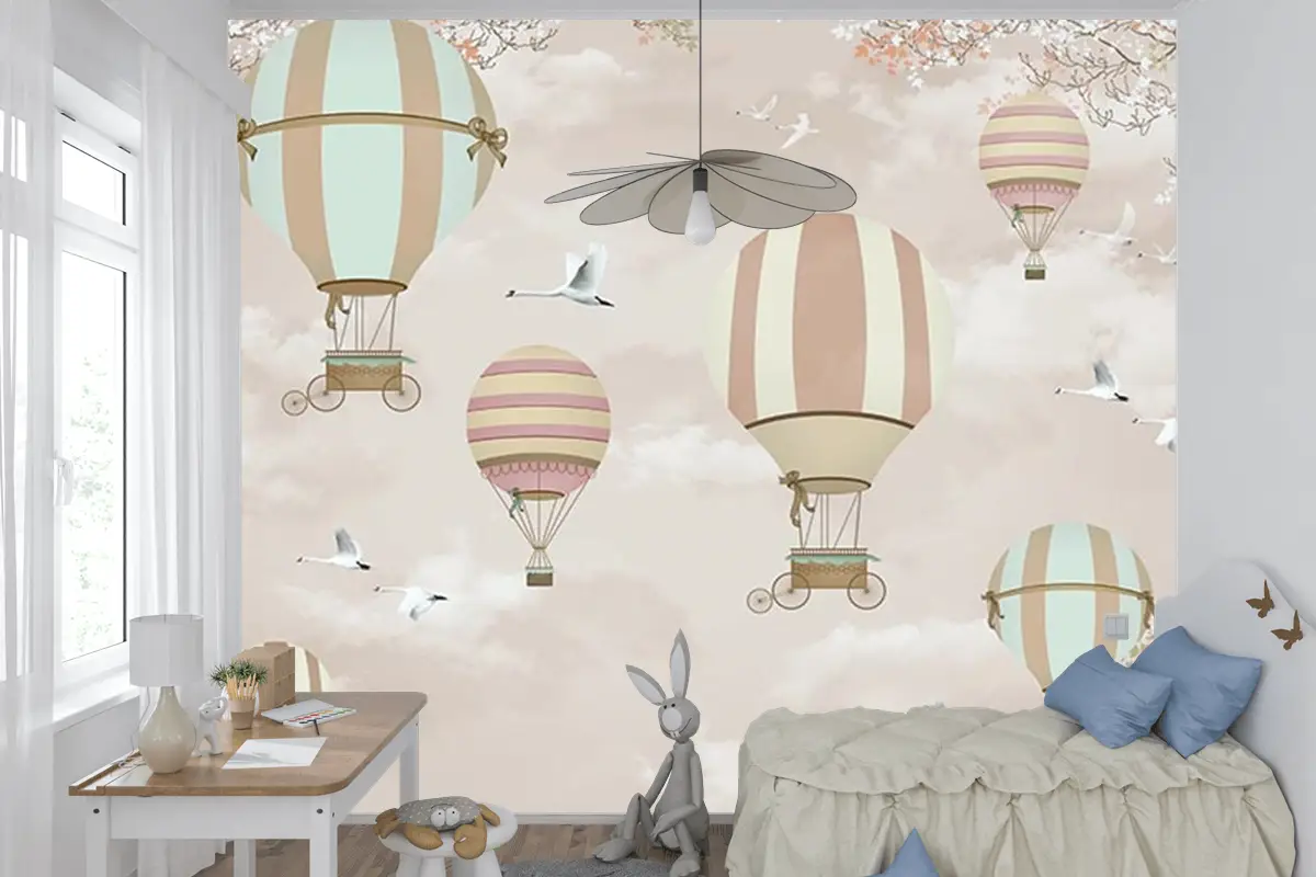 Uçan Balonlar  Çiçekler Ve Kuşlar Çocuk Odası Duvar Kağıdı