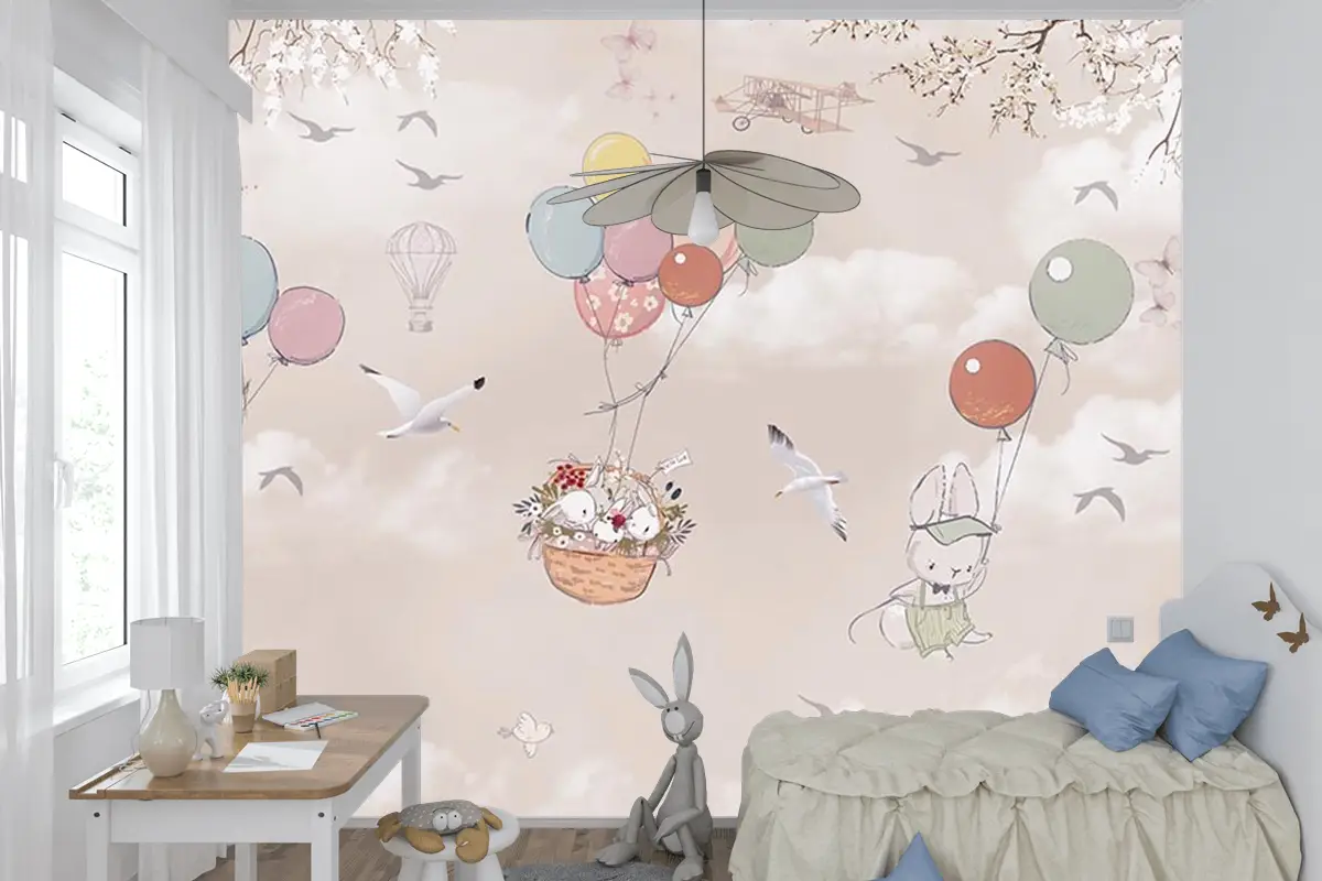 Uçan Balonlar Ve Sevimli Tavşanlar Çocuk Odası Duvar Kağıdı