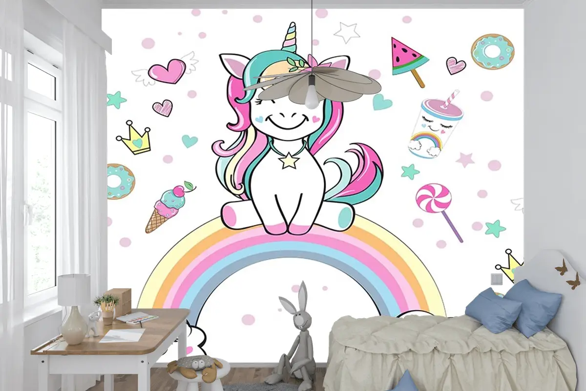Unicorn Gökkuşağı Çocuk Odası Duvar Kağıdı