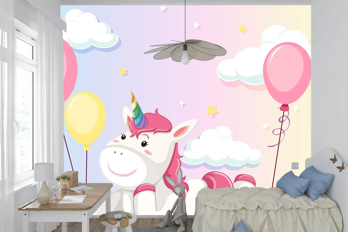 Tek Boynuzlu At Renkli Pastel Gökyüzü Arka Planında Bulutun Üzerinde Yatıyordu Çocuk Odası Duvar Kağıdı
