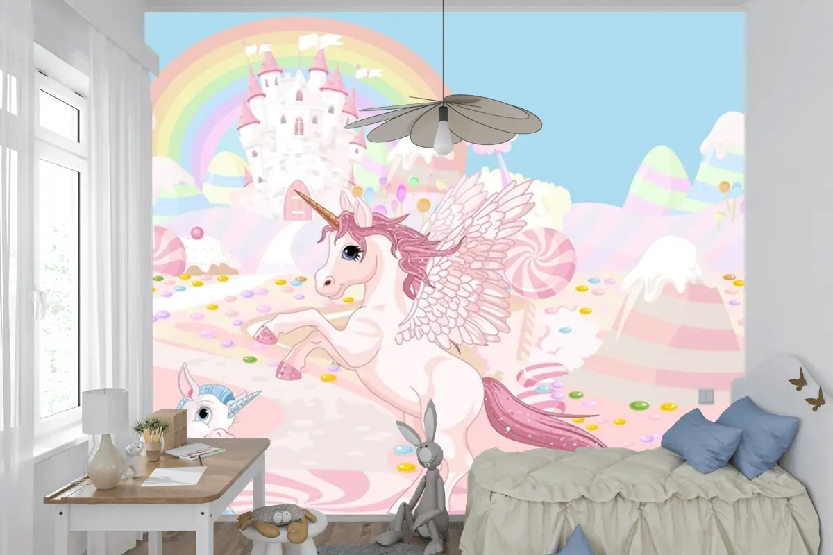 Unicorn Ve Gökkuşağı Duvar Sanatı Çocuk Odası Duvar Kağıdı