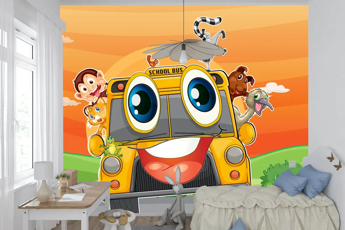 Okul Otobüsünde Çeşitli Hayvanlar Çocuk Odası Duvar Kağıdı