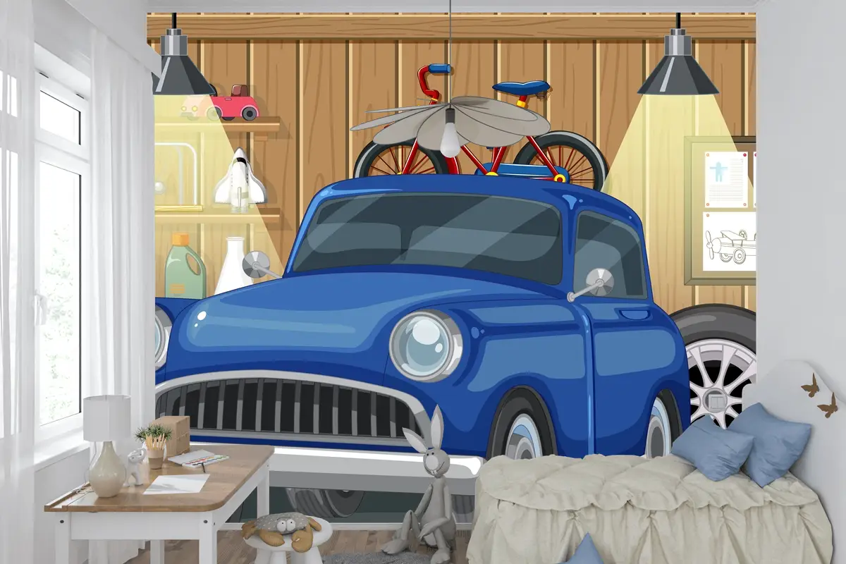 Ahşap Garajda Eski Model Araba Ve Bisiklet Çocuk Odası Duvar Kağıdı