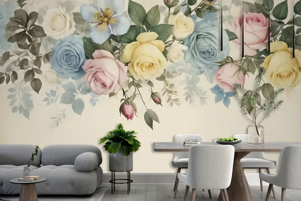 Vintage Renkli Çiçekli Duvar Kağıdı 