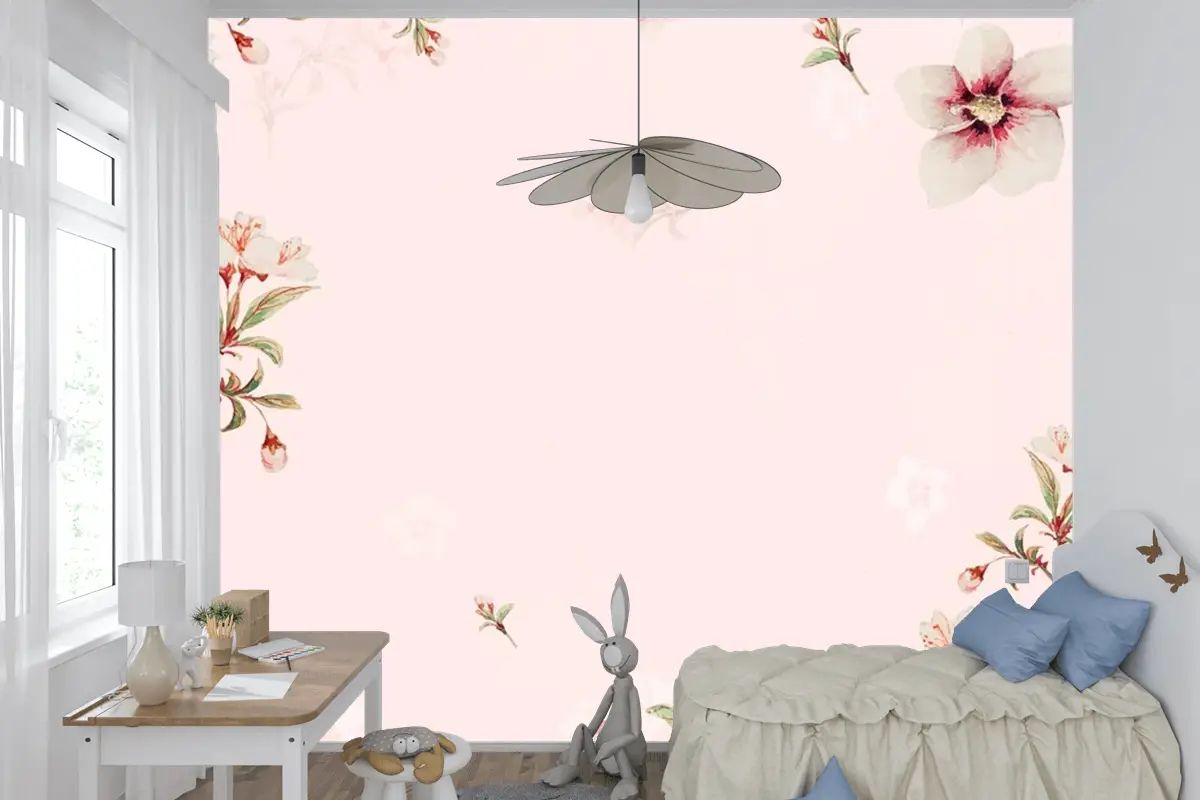 Vintage Japon Çiçek Arka Plan Şeftali Çiçekleri Çocuk Odası Duvar Kağıdı