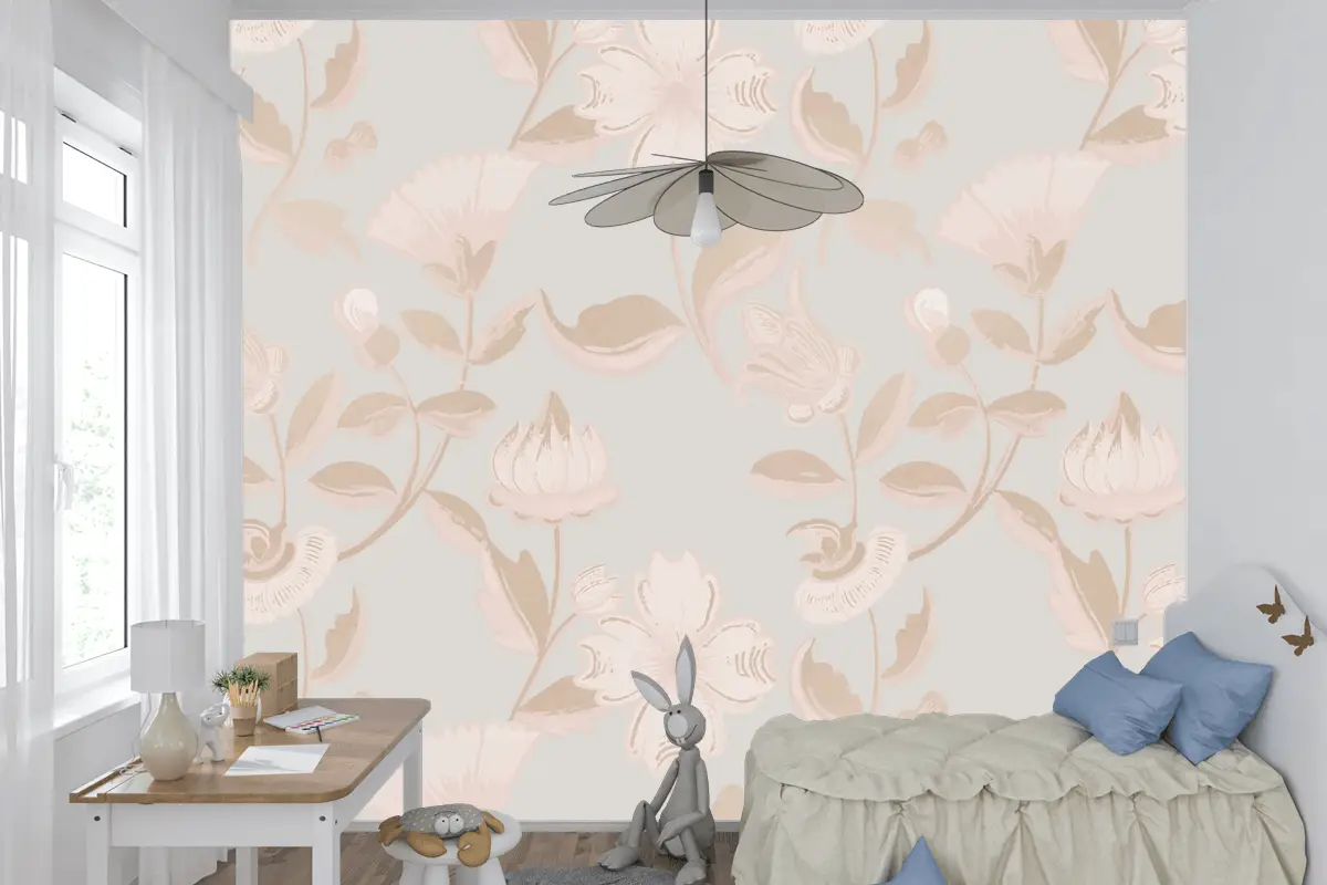 Vintage Nötr Çiçek Desenli Çocuk Odası Duvar Kağıdı 