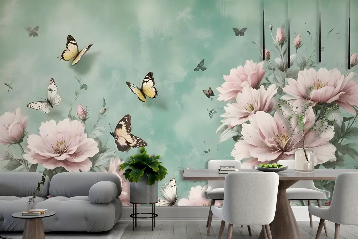 Vintage Pembe Çiçek Ve Sarı Kelebek Duvar Kağıdı