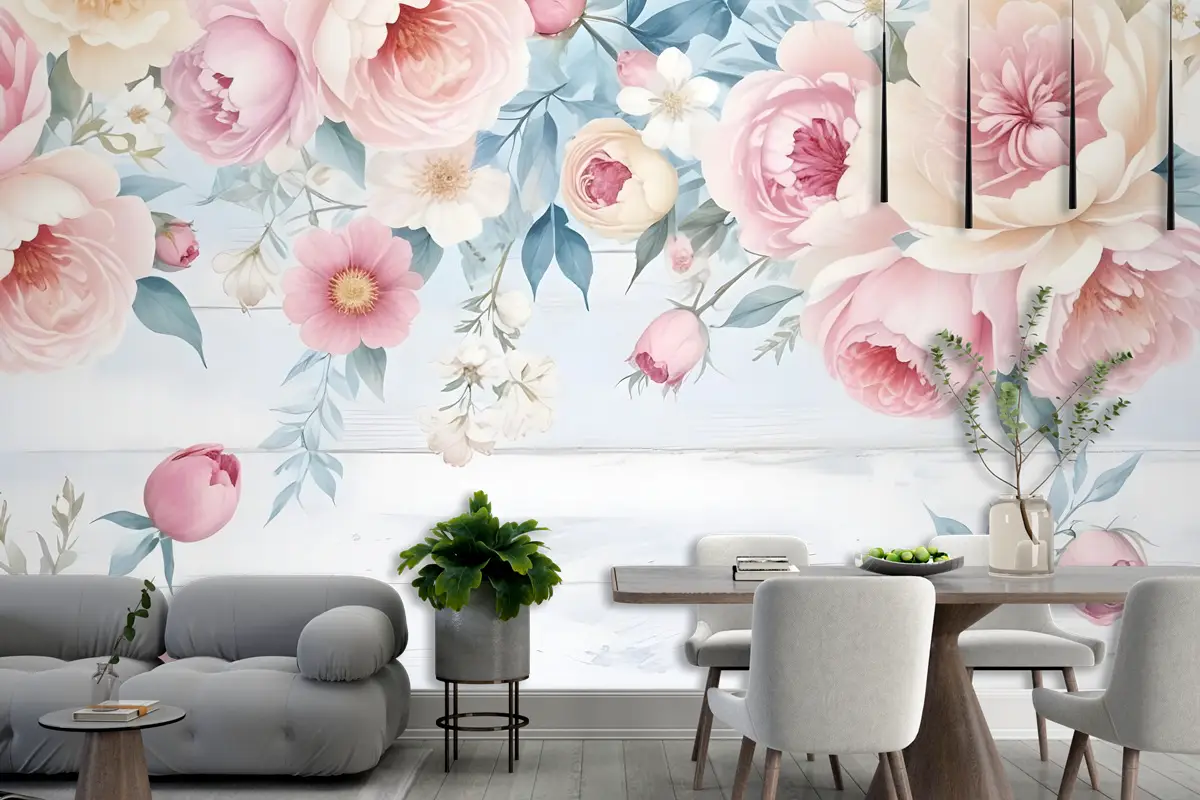 Vintage Suluboya Pembe Çiçekler Duvar Kağıdı