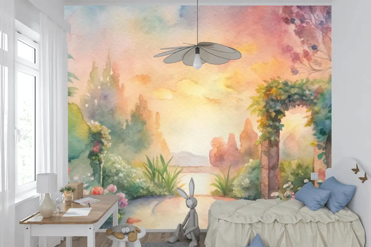 Çiçek Bahçesi Çocuk Odası Duvar Kağıdı  İçeren Suluboya Arka Plan