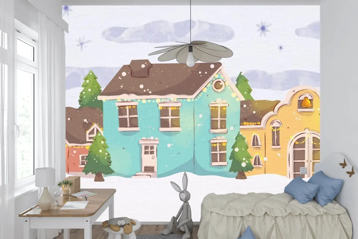 Suluboya Noel Kasabası Çocuk Odası Duvar Kağıdı