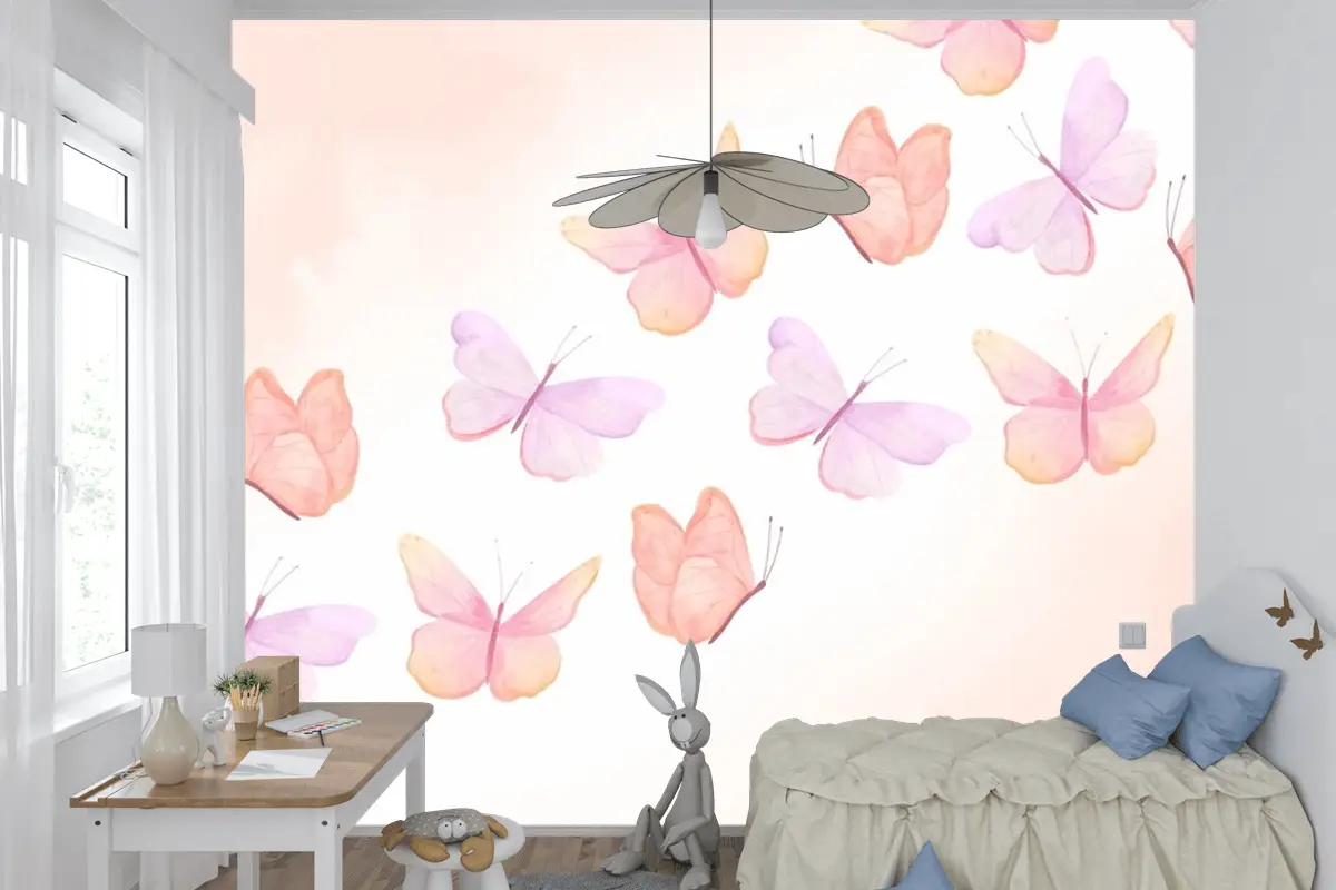 Suluboya Renkli Kelebek Arka Plan Çocuk Odası Duvar Kağıdı 