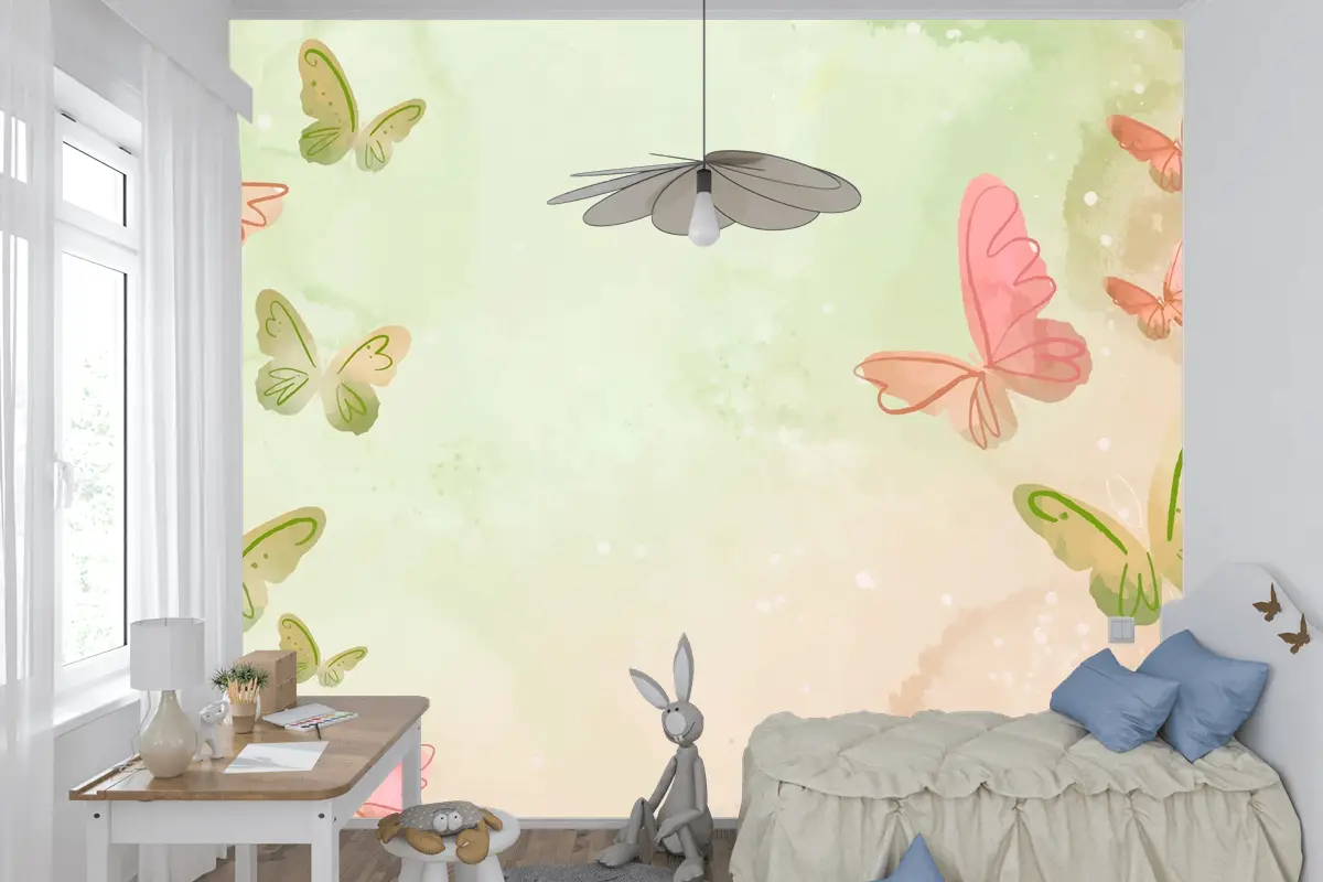 Suluboya Renkli Kelebek Arka Plan Çocuk Odası Duvar Kağıdı 