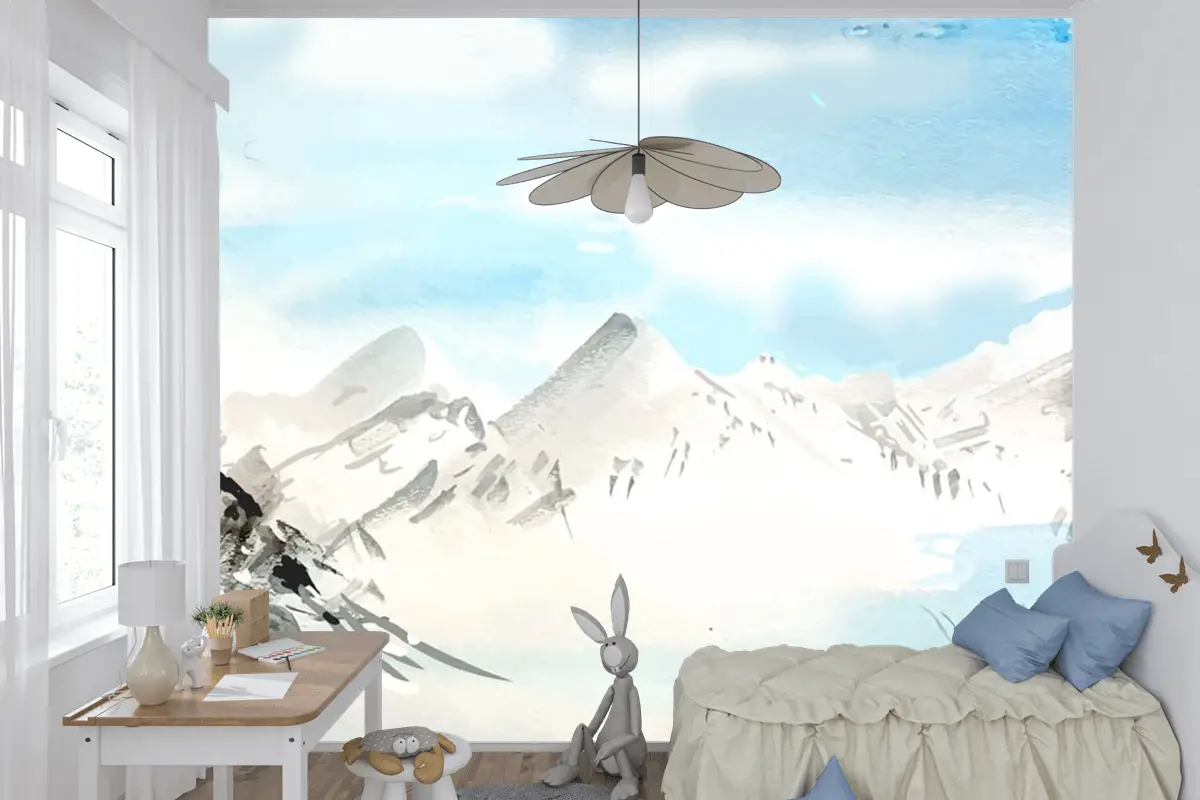 Suluboya Gündüz Dağları Arka Plan Çocuk Odası Duvar Kağıdı 