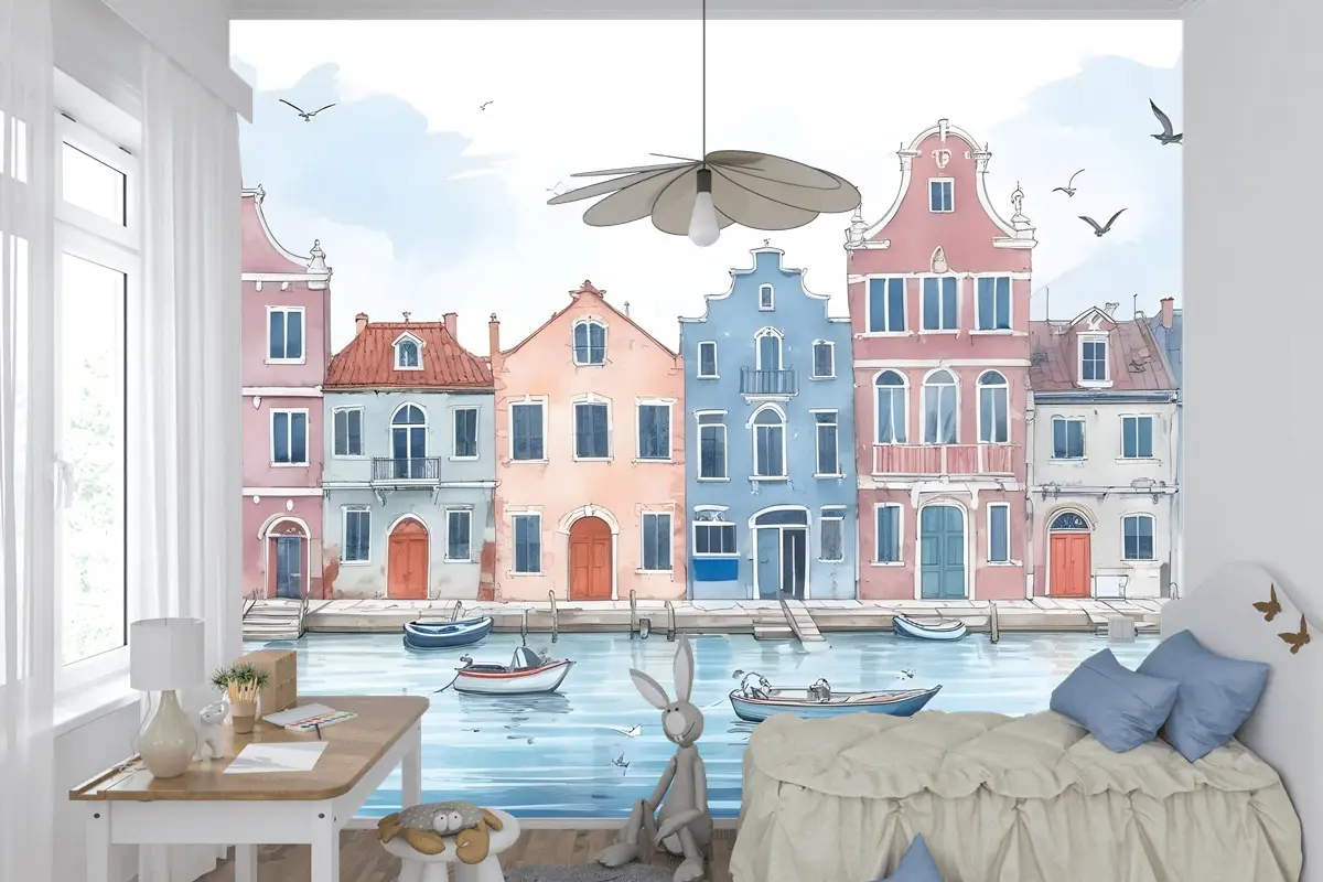 Çocuklar Için Suluboya Hollandalı Evler Çocuk Odası Duvar Kağıdı