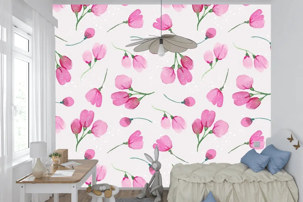 Suluboya Çiçek Desenli Tasarım Çocuk Odası Duvar Kağıdı 
