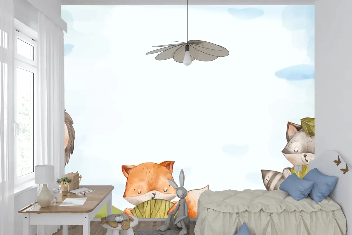 Suluboya Orman Hayvanları Arka Plan Çocuk Odası Duvar Kağıdı 