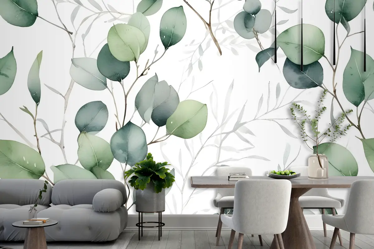 Suluboya Yeşil Okaliptüs Yaprağı Duvar Kağıdı