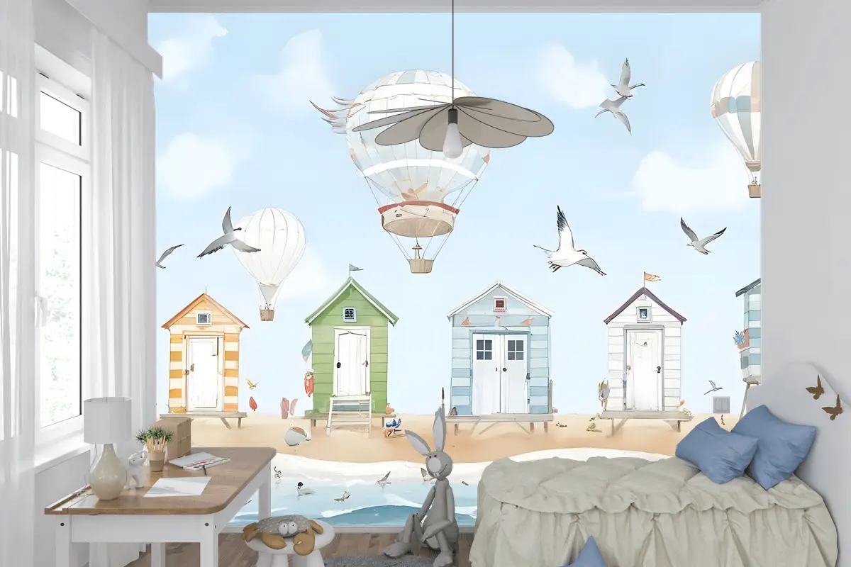 Sıcak Hava Balonlu Suluboya Çocuk Plaj Evi