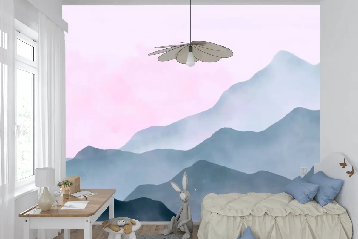 Pembe Gökyüzü Çocuk Odası Duvar Kağıdı  Ile Suluboya Dağlar Arka Plan