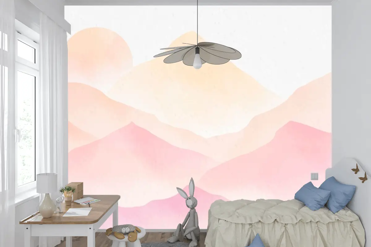 Suluboya Dağları Pembe Arka Plan Çocuk Odası Duvar Kağıdı 