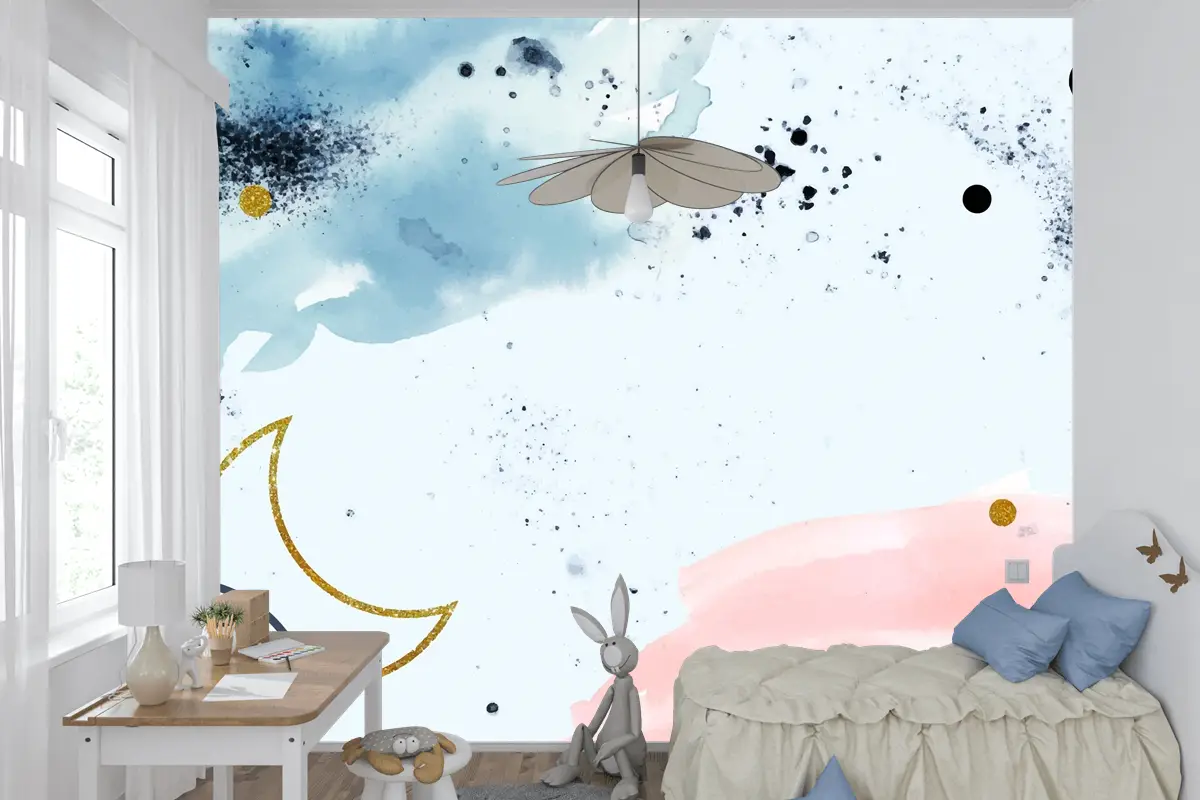 Altın Elementli Suluboya Boyalı Arka Plan Çocuk Odası Duvar Kağıdı